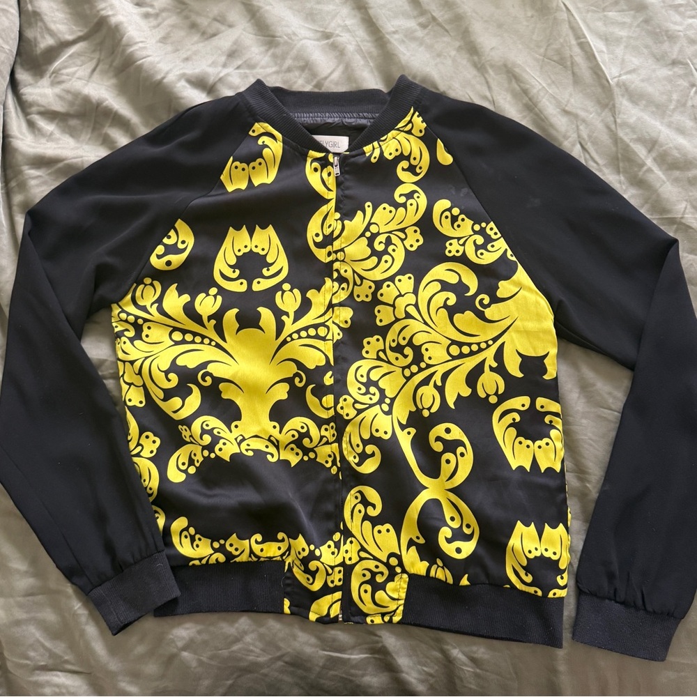 Black & Yellow Floral Women’s Zip Up Jacket Lightweight Polyester - Size Small